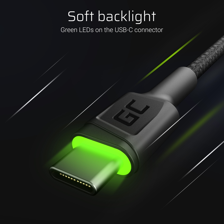 Set 3x Green Cell GC Ray USB-C 120cm kabel with green LED backlight, fast charging Ultra Charge, QC 3.0 (KABGCSET02)