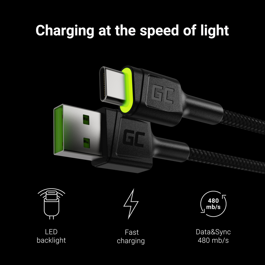 Green Cell kabel Ray USB-A - USB-C Green LED 200cm with support za Ultra Charge QC3.0 fast charging (KABGC13)