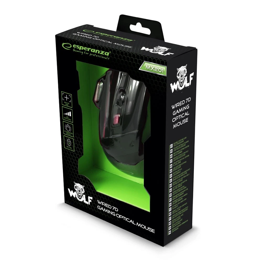 ESPERANZA žična gaming miška 7D optična MX201 WOLF rdeča